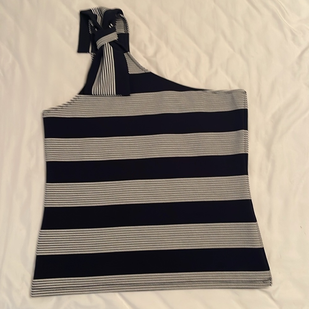 Bishop + Young One-Shoulder Tie Tank Navy Stripe from Anthropologie